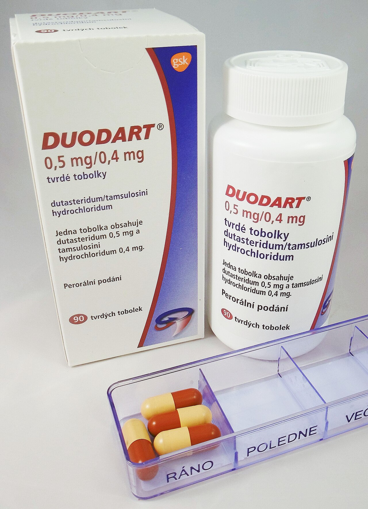 Duodart, proprietary medicinal product, 1 capsule contains 0,5 mg of dutasteride and 0,4 mg of tamsulosine. Manufacturer GSK.