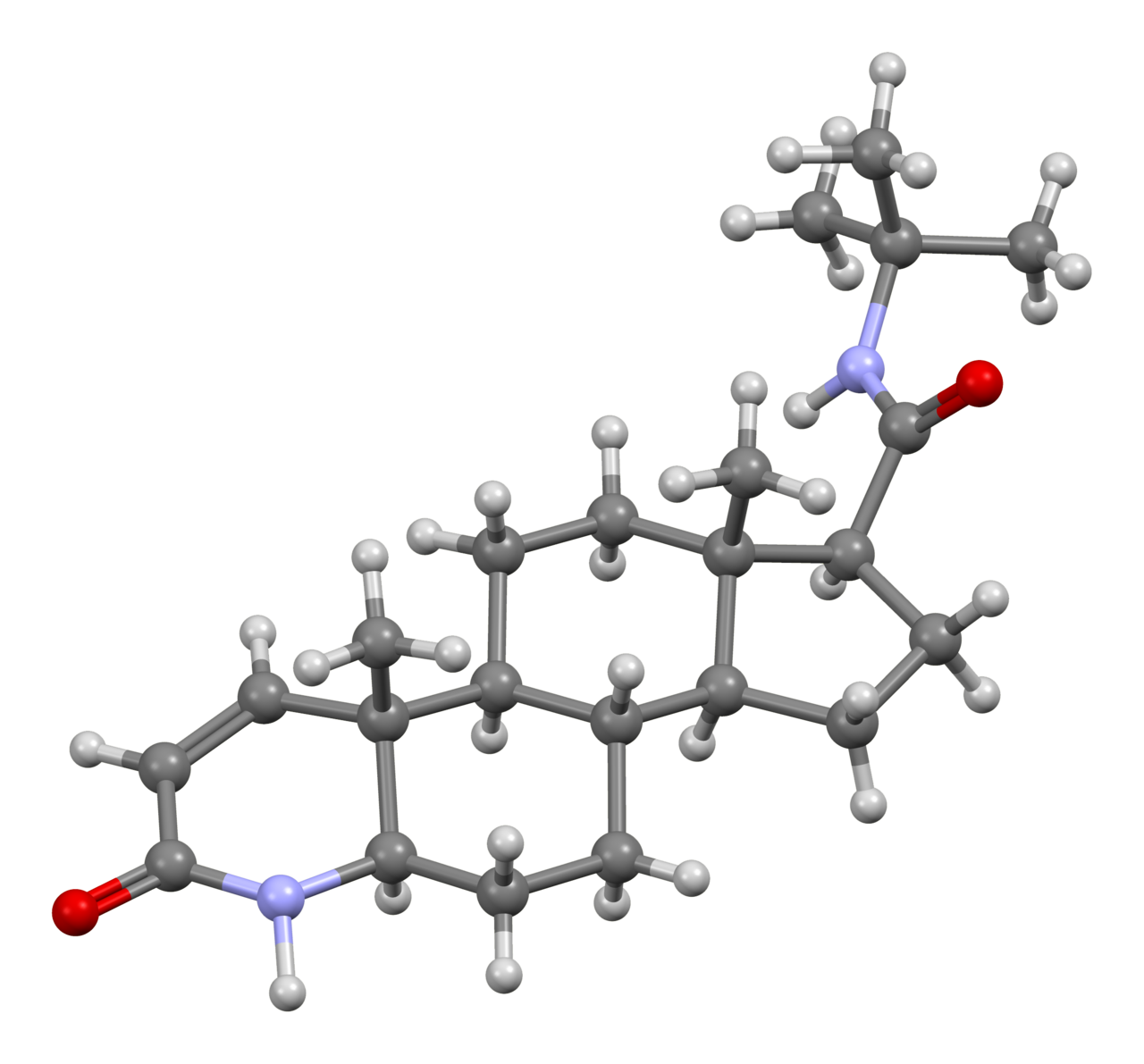 Ball-and-stick model of a finasteride molecule, C 23 H 36 N 2 O 2 , as found in the crystal structure reported in J. Pharm. Sci. (2000) 89 , 1271-1285 (CSD entry WOLXOK03 ). Colour code: Carbon, C: grey Hydrogen, H: white Nitrogen, N: blue 