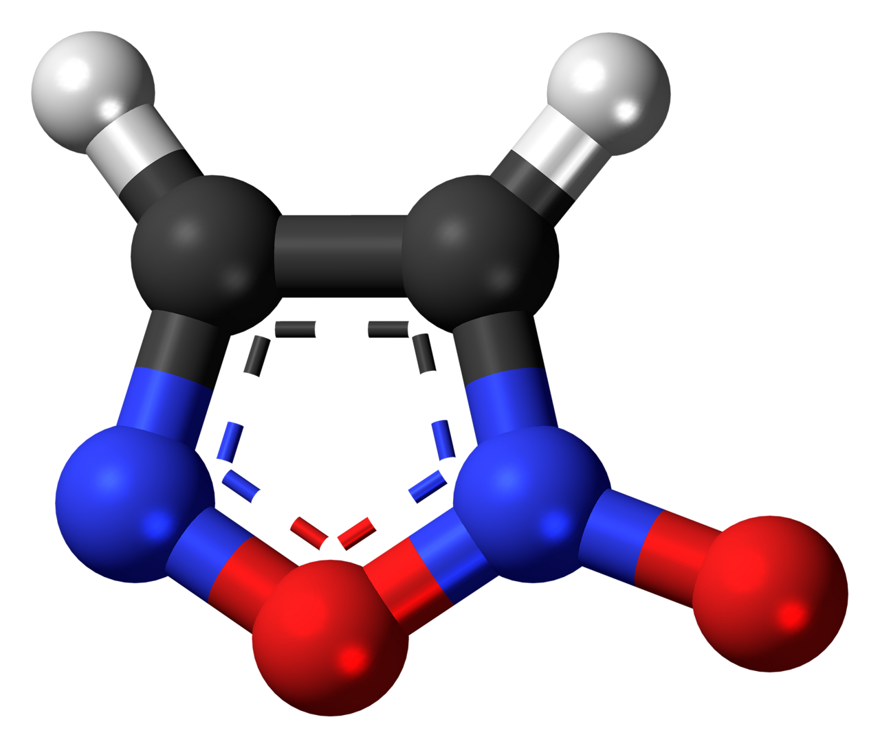 Ball-and-stick model of the furoxan molecule, a nitric oxide donor. Color code: Carbon, C: black Hydrogen, H: white Oxygen, O: red Nitrogen, N: blue