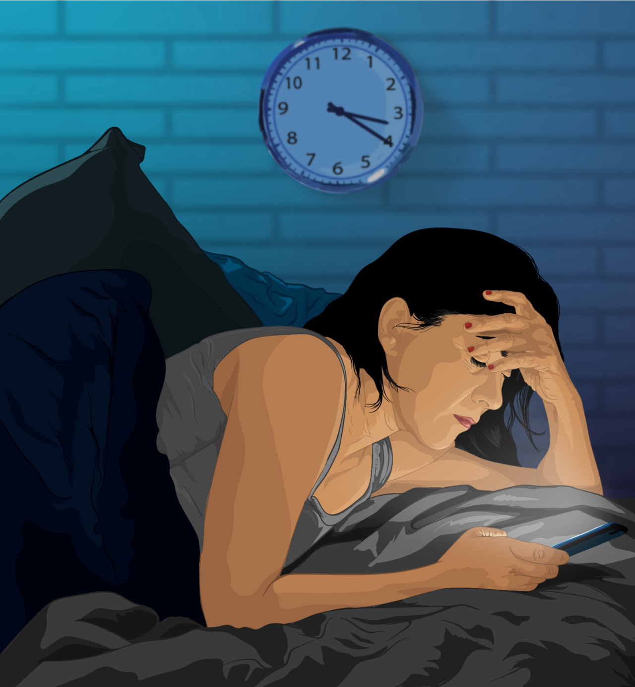 Depiction of a person suffering from Insomnia (sleeplessness). The typical symptoms of Insomnia have been shown.